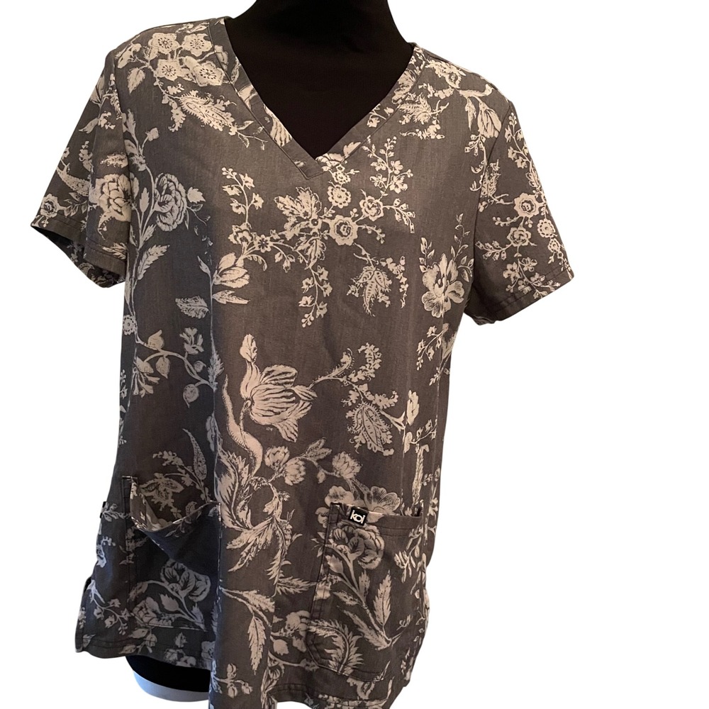 Koi Next Gen Women Grey Floral V-Neck Scrub Top Medical Uniform Size M